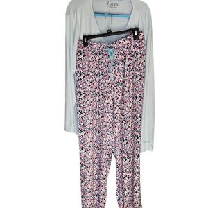 Hanes 2X NWT Pajama Set Floral Lounge Pants Blue Long Sleeve Plus Size Cozy ws72